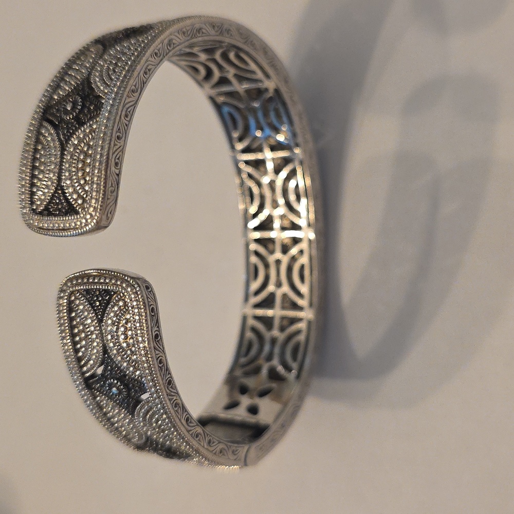 Silver And Black Patterned Cuff Hinged Bracelet - image 6